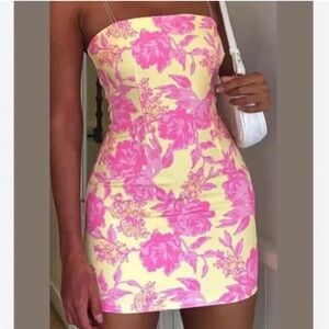 White Fox Sunset Skies Mini dress pink and yellow floral - Size XS